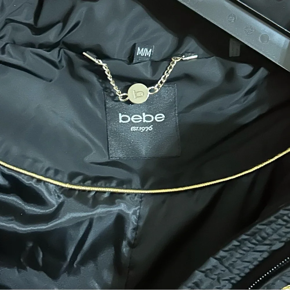 BEBE Black Puffer Long Coat Belted with Fur Trim Hood Women’s Size Medium - Picture 4 of 5